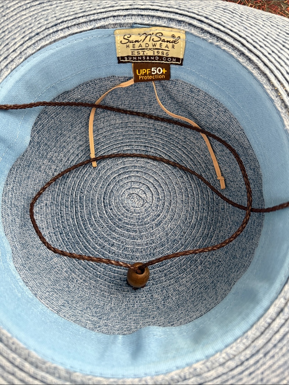 Sun ‘n Sand Wide Brim Straw Sun Hat in Light Blue with Brown Band and Chin Strap - Picture 3 of 3